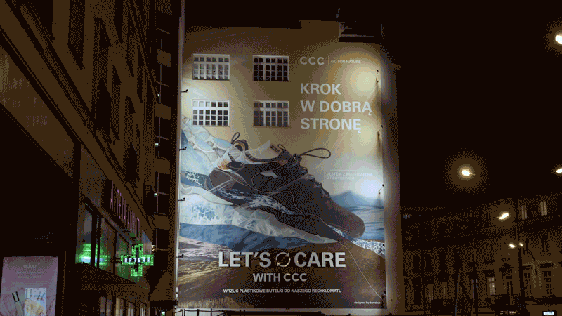Elementy świetlne na eko muralu CCC w Warszawie | LET'S CARE | Portfolio