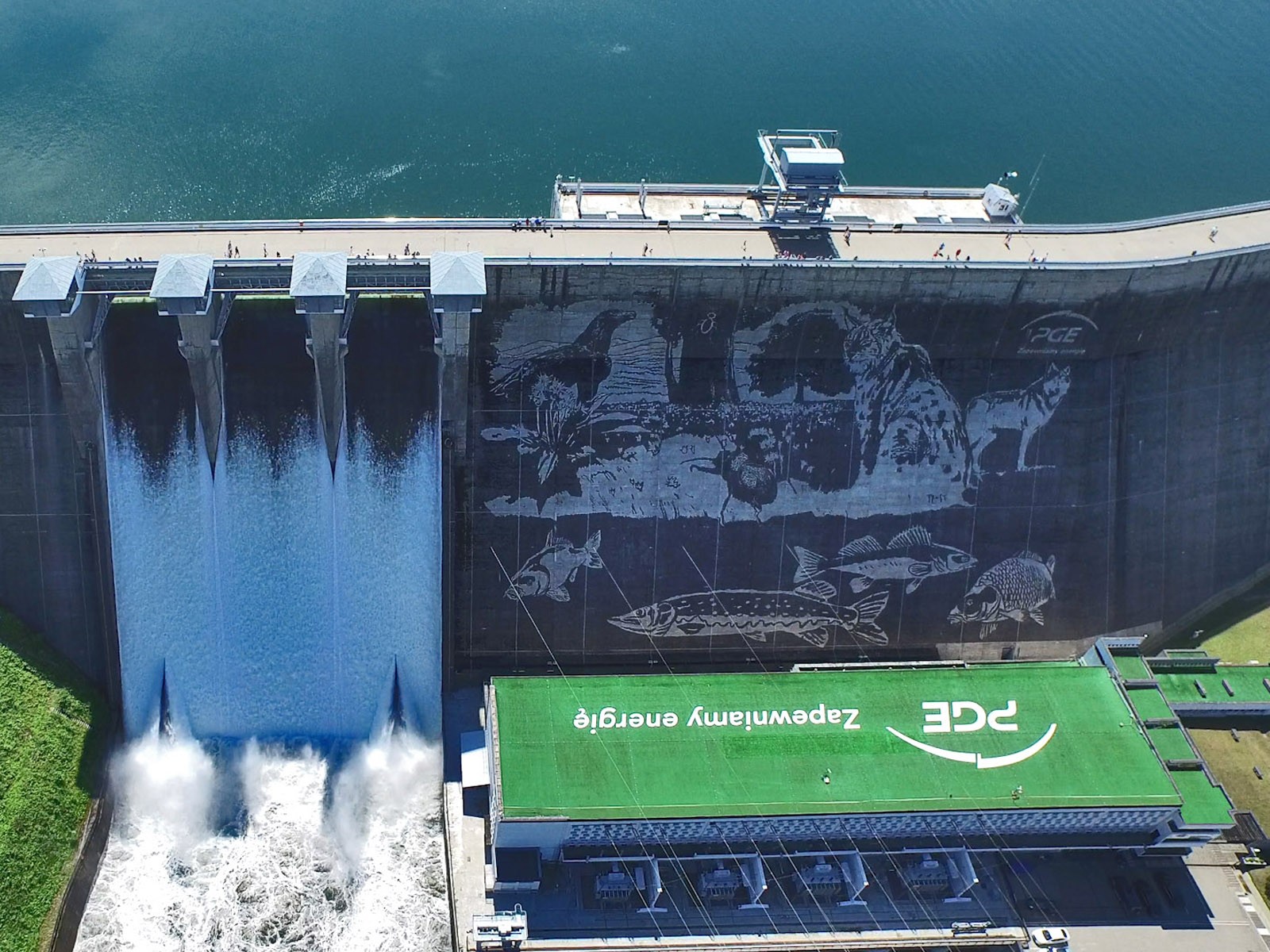 Elektrownia wodna w Solinie mural Clean Graffiti dla PGE Polska Grupa Energetyczna | Mural clean graffiti na tamie w Solinie - Ekologiczny mural | Portfolio
