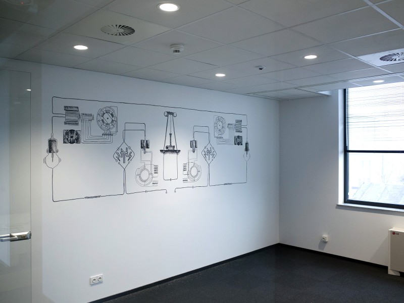 Grafika ścienna Nikola Tesla - siedziba firmy Fortum we Wrocławiu | wall design we wnętrzach biura | Portfolio