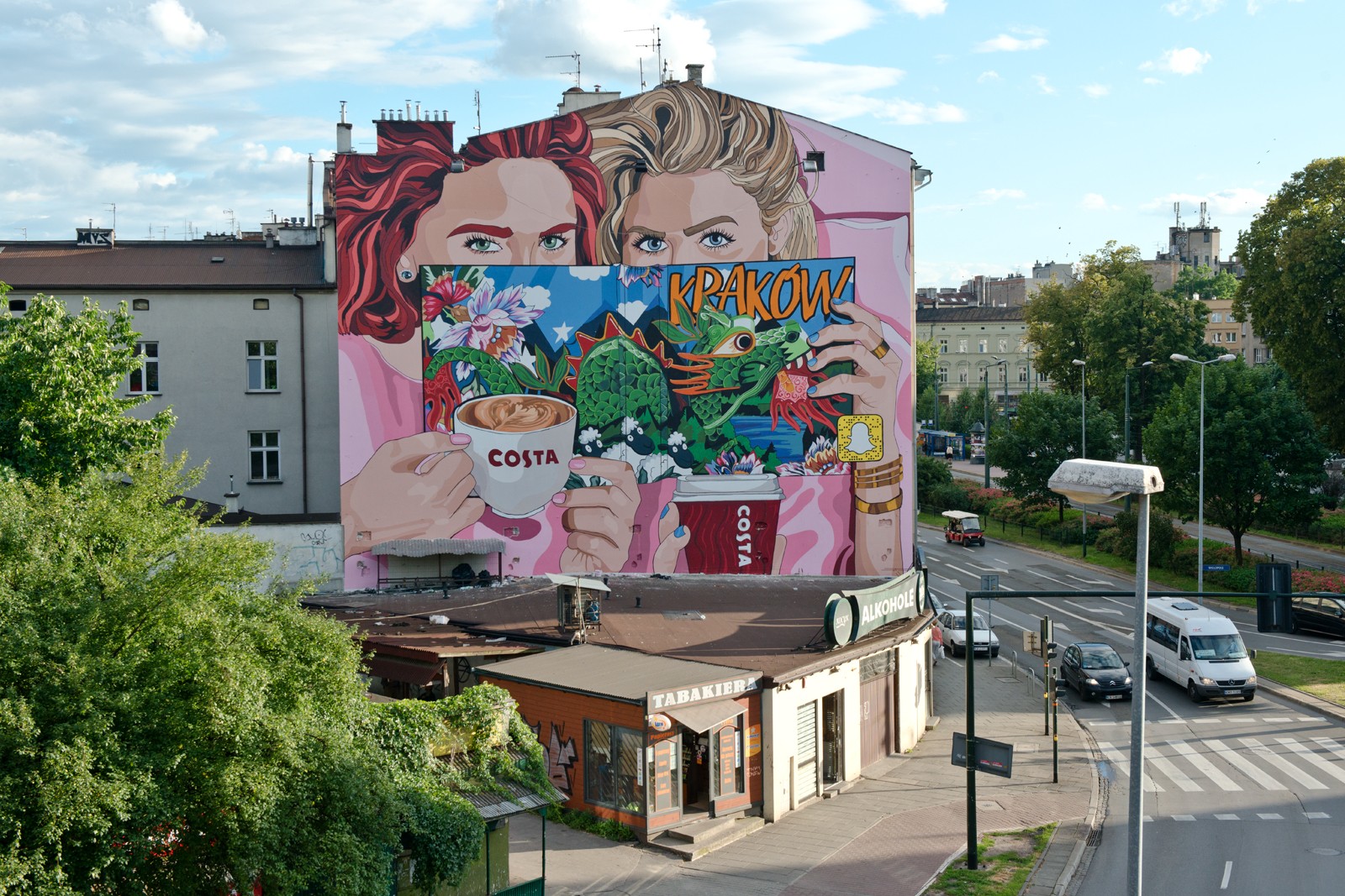 Mural w Krakowie przy ulicy Dietla 111 projektu ilustratorki Olki Osadzińskiej namalowany ręcznie przez artystów na zlecenie marki Costa Coffee | 1. Geburtstag Costa Coffee | Portfolio