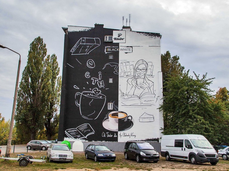 Wrocław malowidło ścienne Tchibo Black and White | Kampania reklamowa namalowana dla Tchibo | Portfolio
